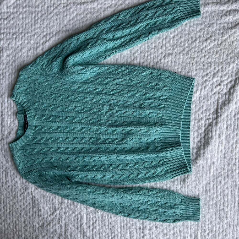 Tommy Hilfiger Women's Teal 100% Cotton Cable-Knit Crewneck Sweater
